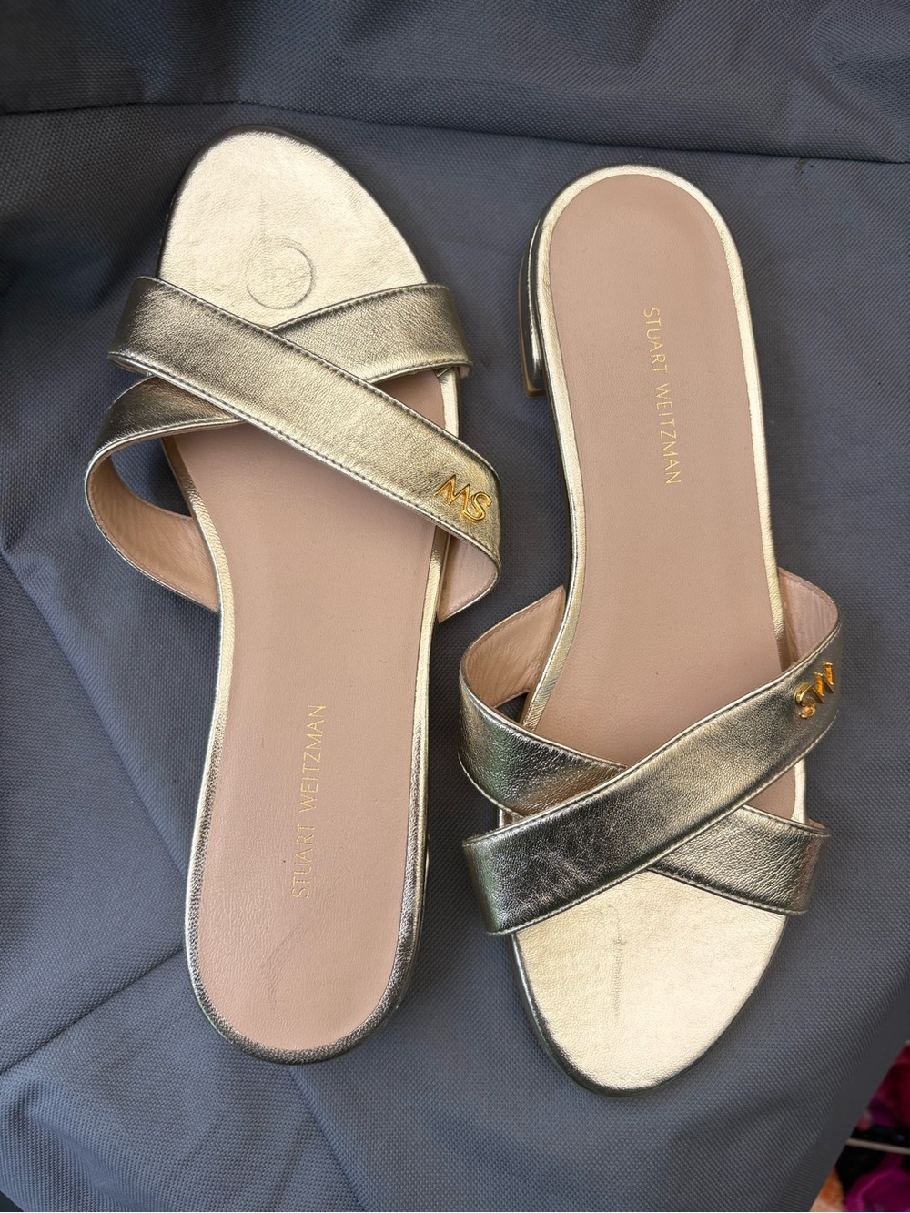 Stuart Weitzman Metallic Gold Crisscross Slide Sandals